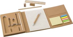 A cardboard writing folder in brown, featuring a notepad, sticky notes, a pencil, and a ruler.