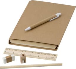 A cardboard writing folder in brown, accompanied by a pen, ruler, eraser, and pencil.