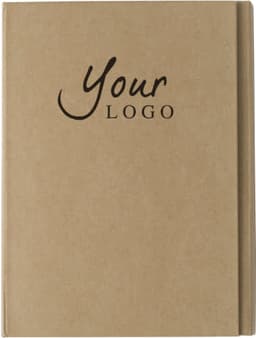 A cardboard writing folder in a brown finish, featuring a logo on the front cover.