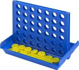 A blue 4-in-a-line game board with yellow tokens in the tray below. The board features multiple circular slots.