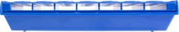 A blue 4-in-a-line game with a series of slots for game pieces, featuring a simple and sleek design with a logo.