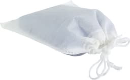 A white drawstring bag made of mesh material, filled with an unknown substance. The bag is cinched at the top.