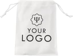 A white drawstring bag featuring a logo and the text "YOUR LOGO" in black.