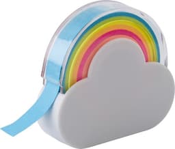 A cloud-shaped memo tape dispenser with a rainbow of coloured tapes including blue, pink, yellow, and green.