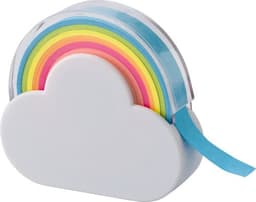 A cloud-shaped memo tape dispenser with rainbow-coloured paper strips in pink, yellow, green, and blue. It has a logo.