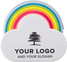 A memo tape dispenser in white, featuring a rainbow of coloured tape and a logo on the front.