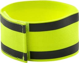 A bright yellow elastane arm band with black stripes, featuring a secure fastening. It has a logo on the side.