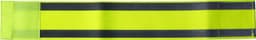 A bright yellow elastane arm band with black stripes, featuring a logo on one side.