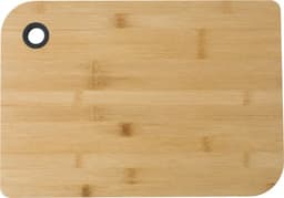 A bamboo cutting board with a rounded corner and a hole for hanging. Its natural light brown colour showcases the wood grain.