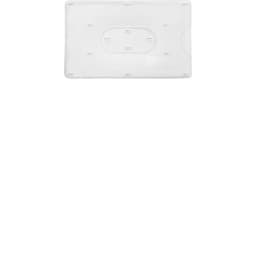 A clear plastic card holder with a rectangular shape and space for a card. It includes a branding logo.