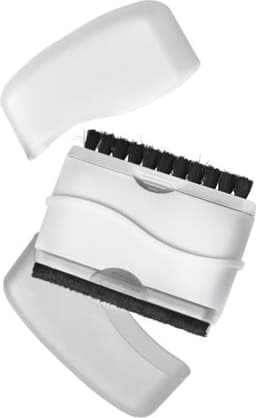 A plastic screen cleaner featuring a black-bristled brush and a grey cleaning pad, with a protective cover.