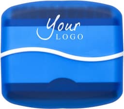 A blue plastic screen cleaner with a curved design and a logo on the surface.