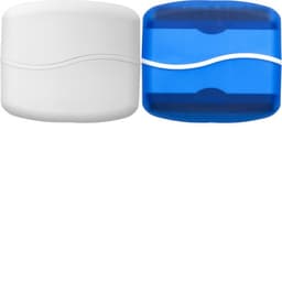 A plastic screen cleaner set featuring a white and a blue container with a wavy design. Each has a logo.
