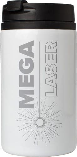 A stainless steel double-walled cup in white with a black lid and a logo printed on the side.