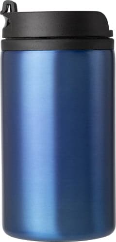 A stainless steel double-walled cup in a shiny blue finish with a black lid and a logo.