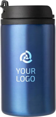 A stainless steel double-walled cup in a blue finish, featuring a lid and a logo.
