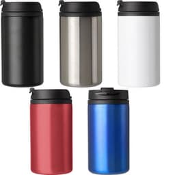 A stainless steel double-walled cup in black, silver, white, red, and blue, featuring a black lid.