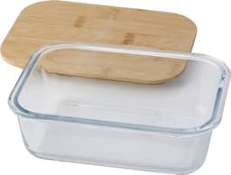 A glass lunchbox with a clear base and a bamboo lid, featuring a rectangular shape and sleek design.