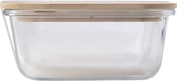 A rectangular glass lunchbox with a bamboo lid, featuring a clear body and simple design.