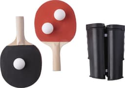 A table tennis set featuring two paddles—one red and one black—along with three white balls, packaged in a black holder.