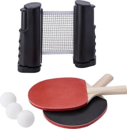 A table tennis set featuring two paddles with red and black rubber, three white balls, and a net with black handles.