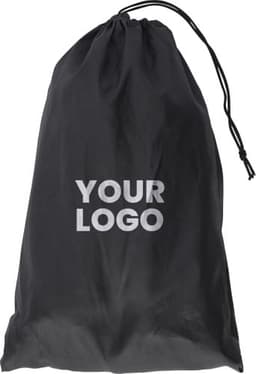 A black drawstring bag featuring a logo on the front. The bag is made from a lightweight material.