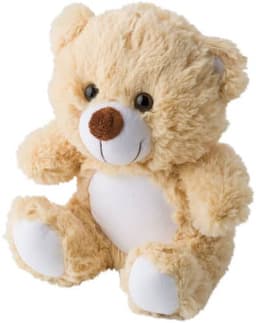 A plush toy bear in light brown with a white belly and a friendly expression, featuring a small brown nose.