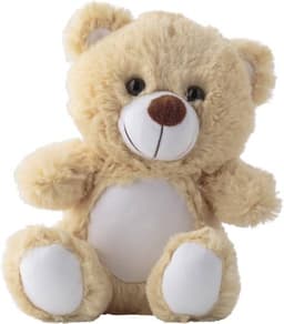 A plush teddy bear named Samuel, featuring a light beige body and white paws, with a friendly smile.