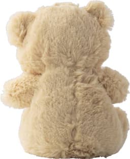 A soft, plush toy bear in a light beige colour, showing its back with a fluffy texture. It has a small logo on it.