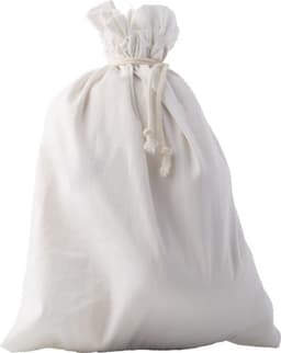 A white drawstring bag made of soft fabric, closed at the top with a gathered opening.