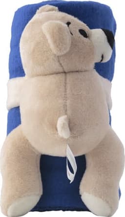 A plush toy bear in beige, rolled with a blue fleece blanket. The bear features soft details and a branding logo.