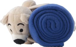 A plush toy bear in a light brown colour, next to a rolled blue fleece blanket. The bear features a cute facial expression.