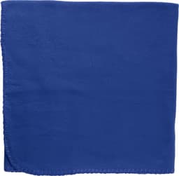 A blue fleece blanket folded neatly, featuring a stitched edge. It includes a logo in the corner.