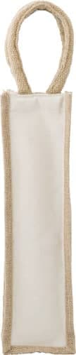 A cotton wine bag in beige and white with a woven handle, featuring a logo on one side.