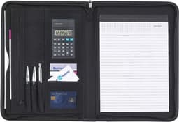 A black microfibre folder featuring a calculator, pens, business cards, and a notepad with lined pages.