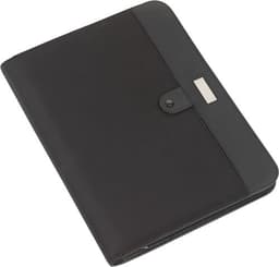 A black microfibre folder featuring a button closure and a branding logo on the front. Ideal for office use.