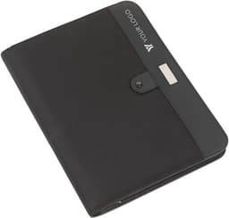 A black microfibre folder with a button closure and a space for a logo on the front.