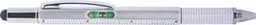 A silver ABS 5-in-1 ballpen featuring a level, ruler, and a stylus tip. It has a textured grip and a clip.