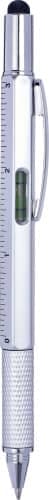 A silver ABS 5-in-1 ballpen featuring a ruler, level, and textured grip. It has a clip and a logo.