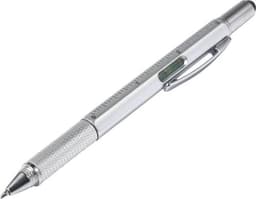 A silver ABS 5-in-1 ballpen with a ruler and level, featuring a textured grip and a clip.