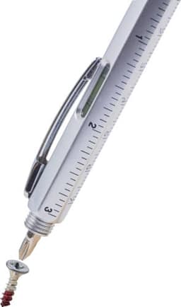 A 5-in-1 ballpen in silver with a measuring scale, featuring a logo.