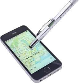 A silver ABS 5-in-1 ballpen placed on a smartphone displaying a map of New York, featuring a logo on the pen.