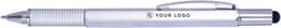 A silver ABS 5-in-1 ballpen with a textured grip and a clip, featuring a logo.