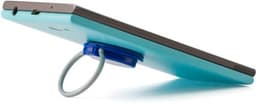 A blue ABS mobile phone ring attached to a light blue phone, providing support for the device.