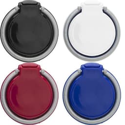 A collection of ABS mobile phone rings in black, white, red, and blue, featuring a round design with a logo.