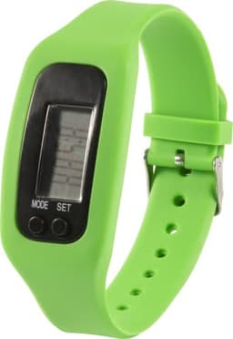 A green ABS pedometer with a digital display and black panel, featuring buttons on the front.