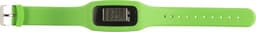 A green ABS pedometer wristband featuring a digital display and a metal buckle. It has a logo on the side.
