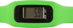 A bright green ABS pedometer with a digital display and two buttons, featuring a sleek design for wrist wear.