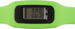 A green ABS pedometer with a digital display and two buttons for mode and set functions.