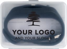 A black ABS pedometer inside a clear plastic case, featuring a logo design on the lid.